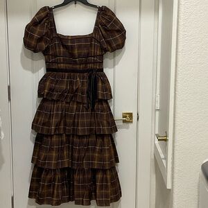 Tiered Puff Sleeve Plaid Midi Dress - Brown & Mustard